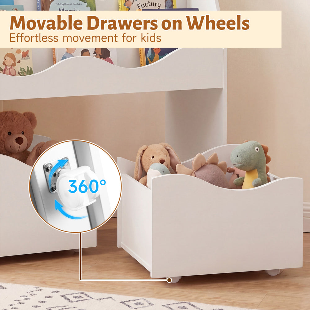 Kids toy wooden storage organizer with 2 rolling drawers on wheels for easy access and organization in kids' rooms.