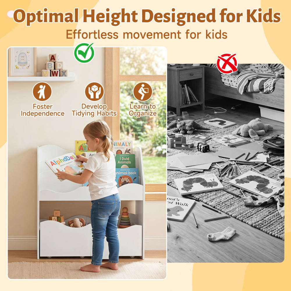 Kids toy wooden storage organizer in white with 2 rolling drawers and a 3-tier bookshelf for easy access and organization.