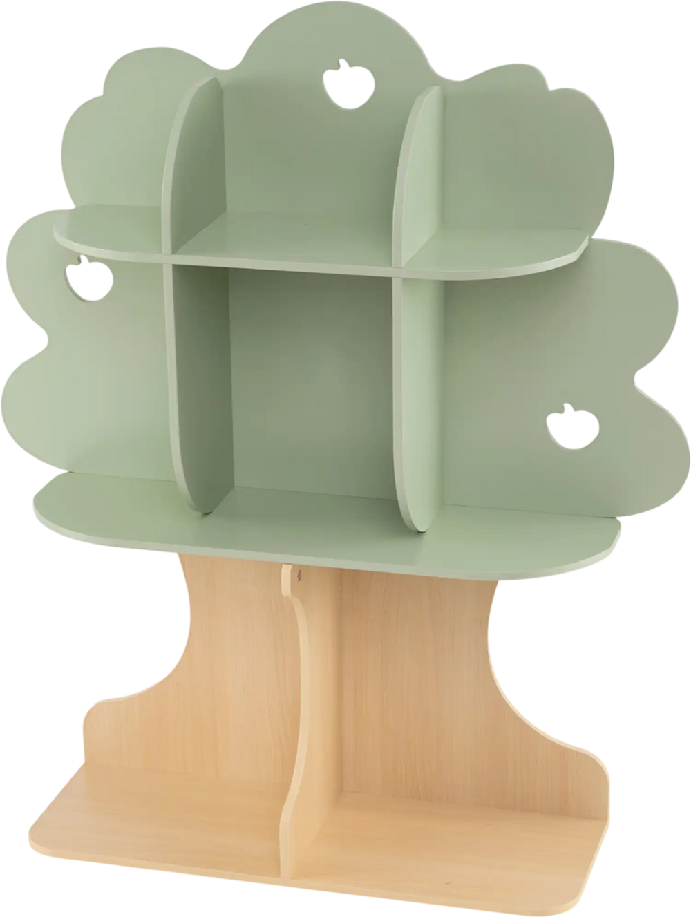 Tree-shaped kids bookshelf in green, featuring 3 tiers and 8 open shelves for books and toys, perfect for a child's.