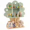Tree-shaped kids bookshelf in green, featuring 3 tiers and 8 storage zones for books, toys, and decor in a child's room.