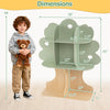 Tree-shaped kids bookshelf in green, 45" tall with 8 open shelves for books and toys, perfect for a child's room.