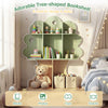 Tree-shaped kids bookshelf in green with 8 open shelves for books, toys, and photos, perfect for a child's room.