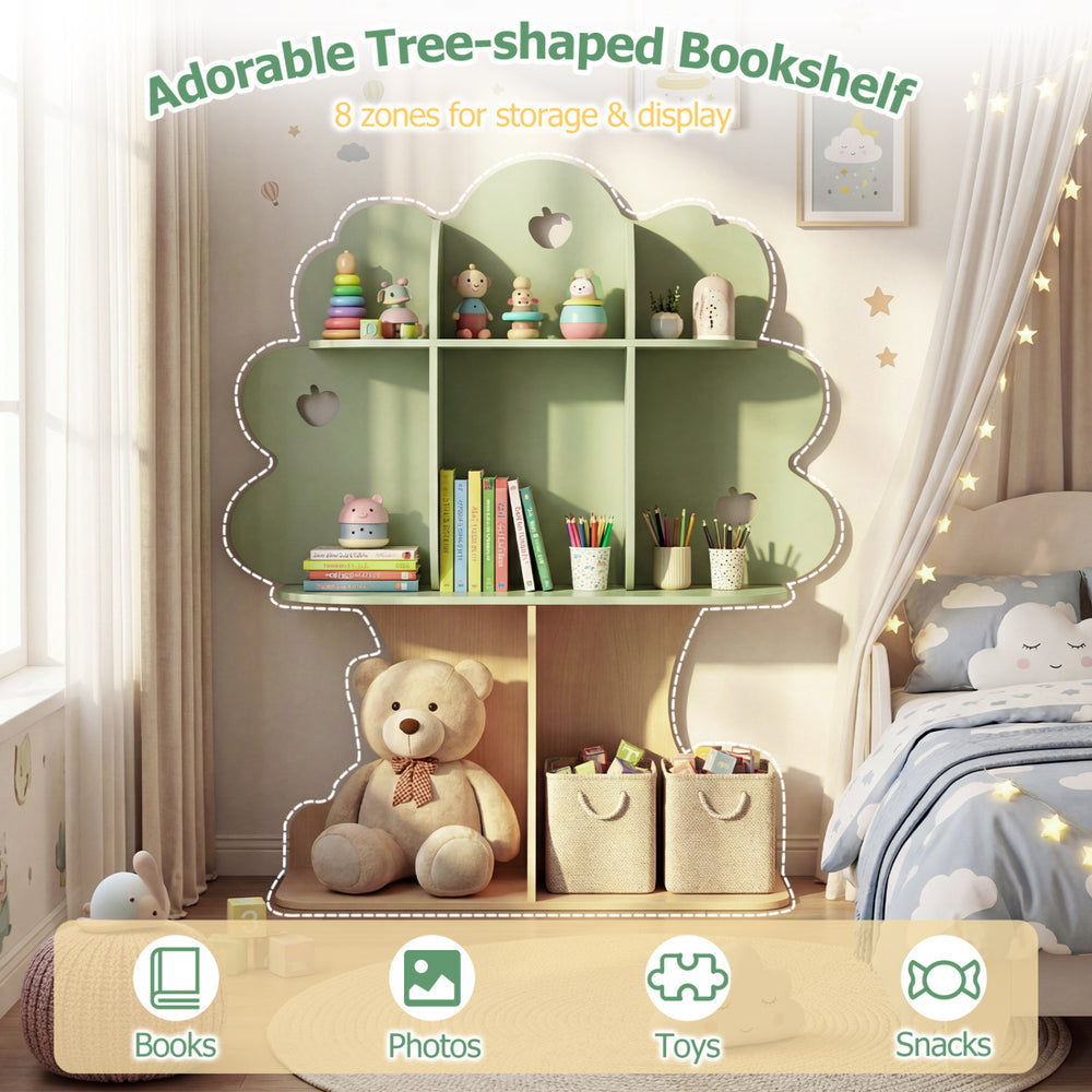 Tree-shaped kids bookshelf in green with 8 open shelves for books, toys, and photos, perfect for a child's room.