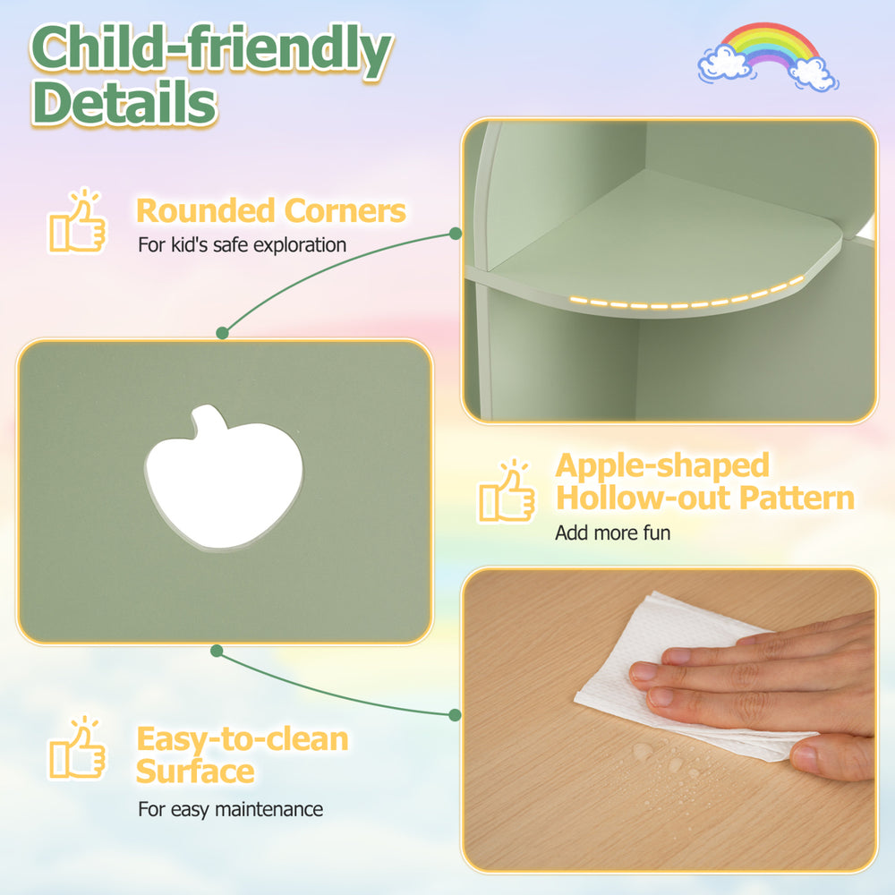 Tree-shaped kids bookshelf with apple-shaped hollow-out patterns, rounded corners, and easy-to-clean surface for safe.
