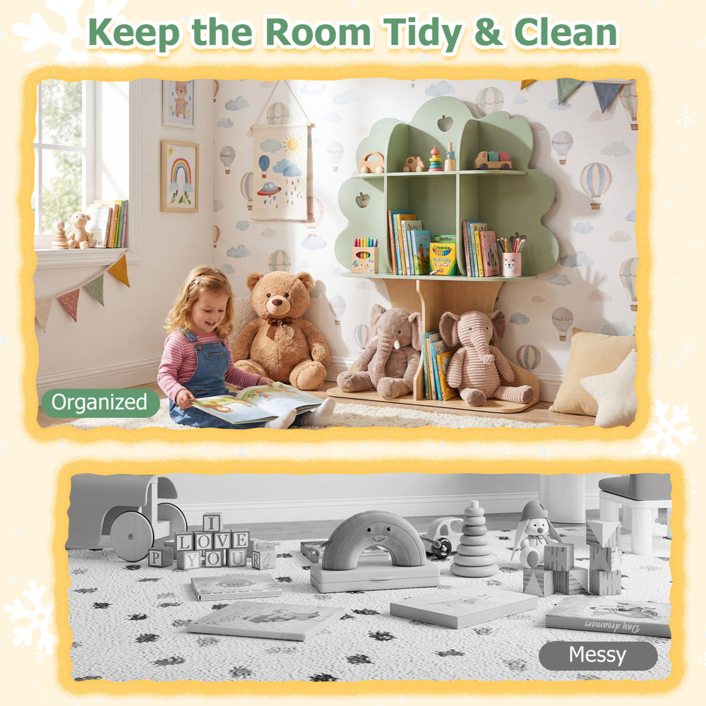 Tree-shaped kids bookshelf in green, 45" tall with 3 tiers for books and toys, perfect for organized playrooms.