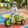 Kids tricycle in green with 15-inch inflatable rubber tires, featuring a storage basket for toys and adjustable seat.
