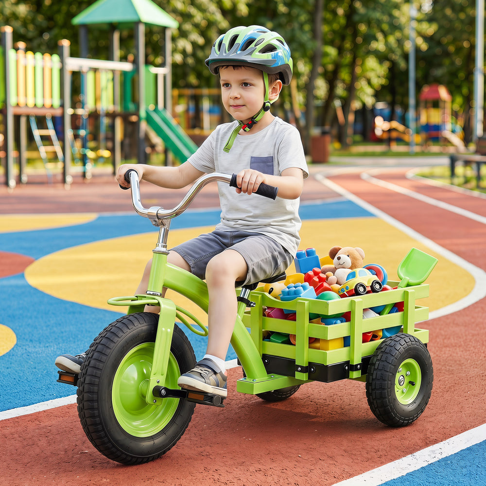 Kids tricycle in green with 15-inch inflatable rubber tires, featuring a storage basket for toys and adjustable seat.