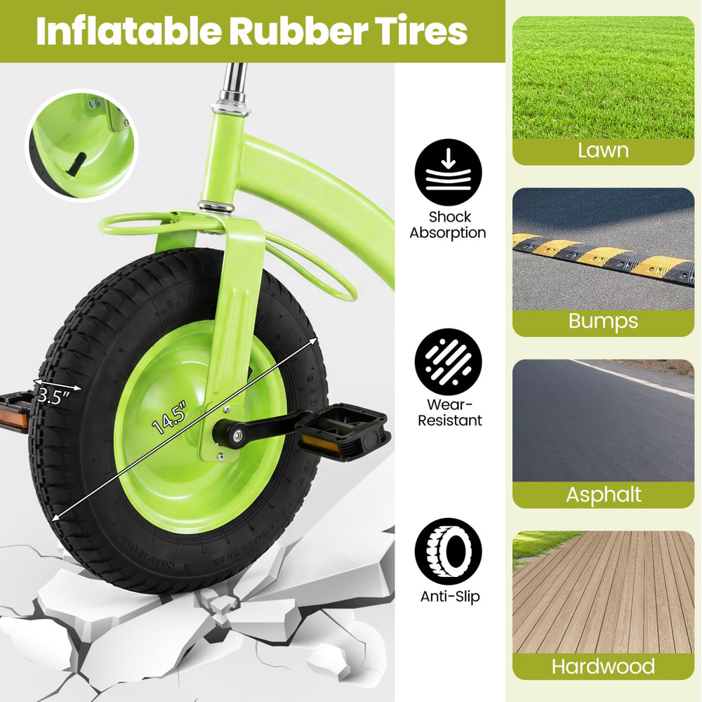 Kids tricycle featuring 15-inch inflatable rubber tires for shock absorption, stability, and comfortable riding on various surfaces.