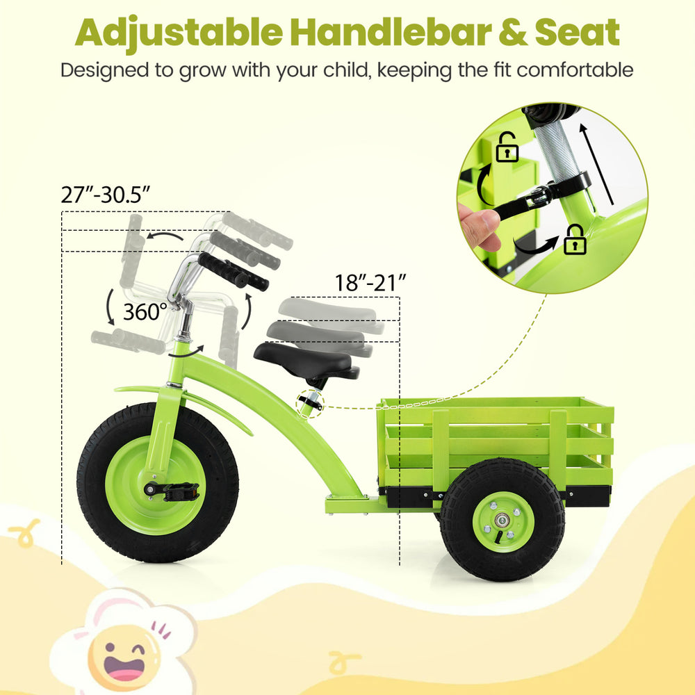 Kids tricycle in green with adjustable handlebar and seat, featuring 15-inch inflatable rubber tires for a stable ride.