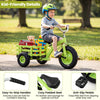 Kids tricycle in green with a storage basket, adjustable seat, and anti-slip pedals for safe and comfortable riding.