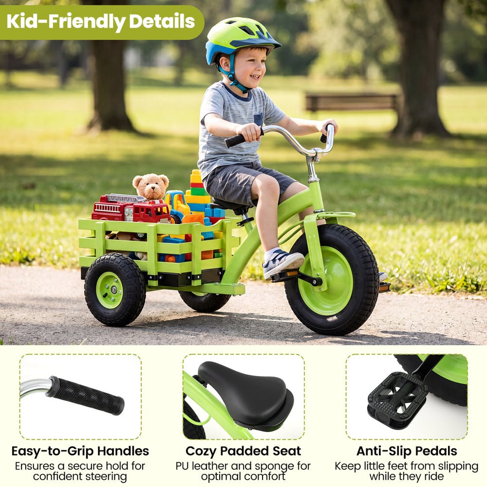 Kids tricycle in green with a storage basket, adjustable seat, and anti-slip pedals for safe and comfortable riding.