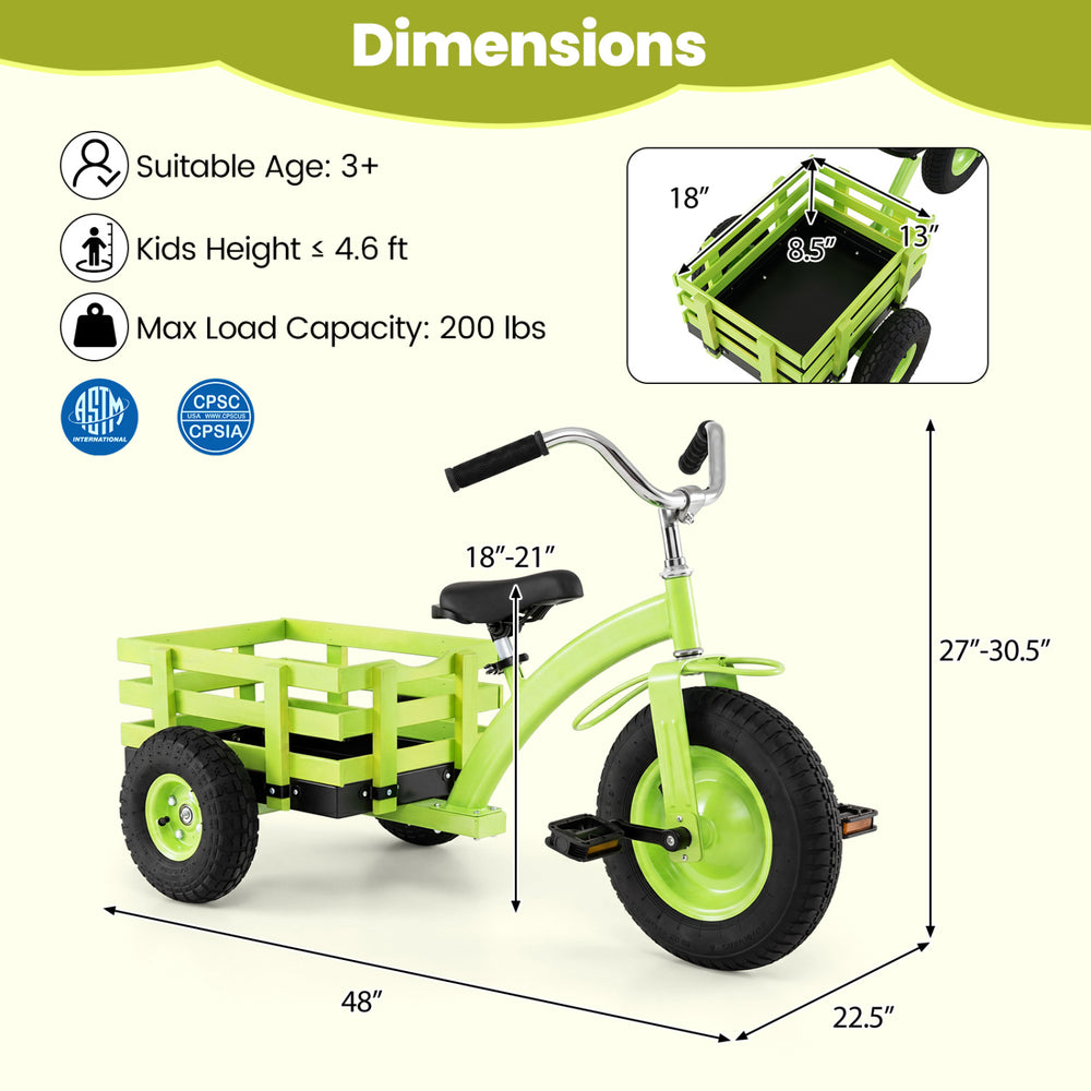 Kids tricycle in green with a storage basket, adjustable seat, and 15-inch inflatable rubber tires for stable rides.