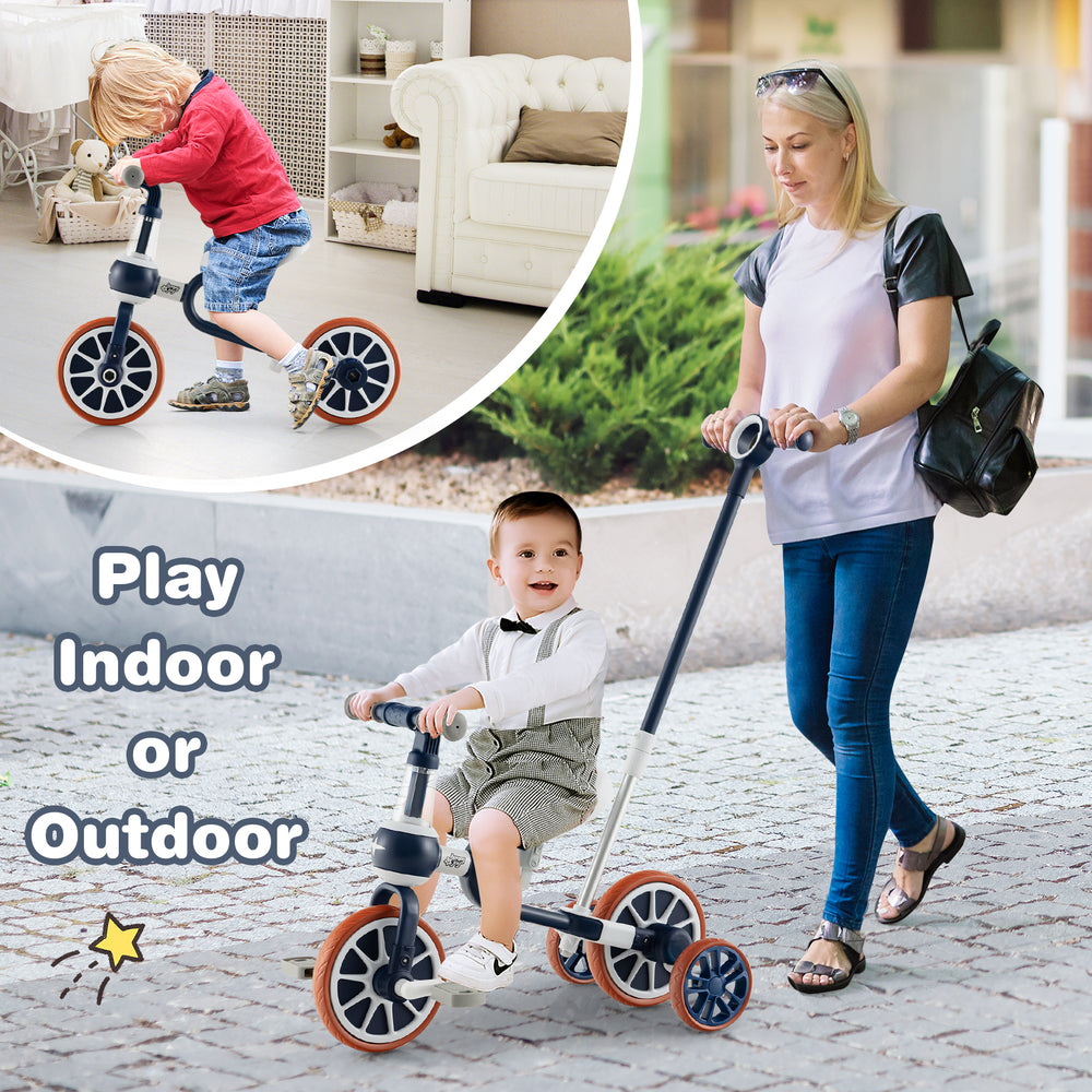Kids 4-in-1 trike bike in navy with adjustable seat and parent push handle, suitable for indoor or outdoor play.