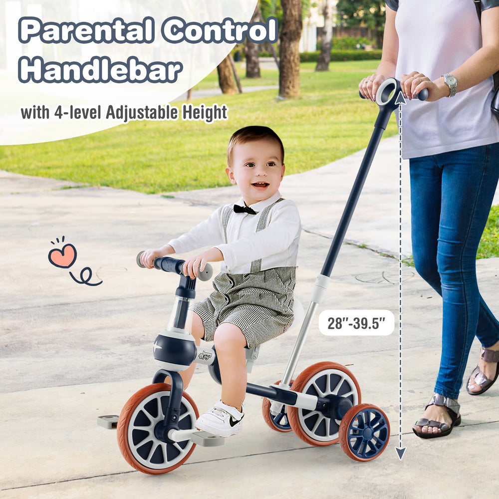 Kids trike bike in navy with adjustable parent push handle and seat height, designed for ages 2-4, featuring non-slip.