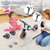 4-in-1 kids trike bike in navy with adjustable parent push handle, suitable for kids aged 2-4, shown during assembly.