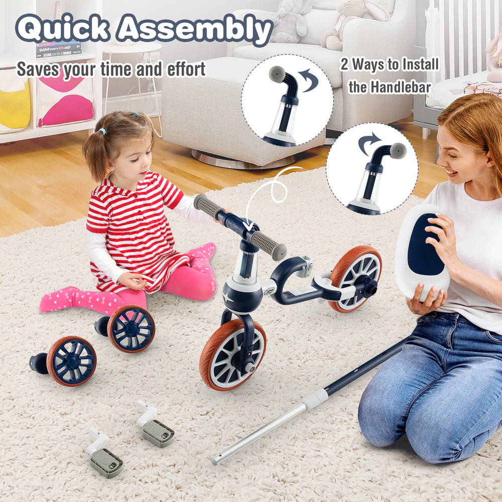 4-in-1 kids trike bike in navy with adjustable parent push handle, suitable for kids aged 2-4, shown during assembly.