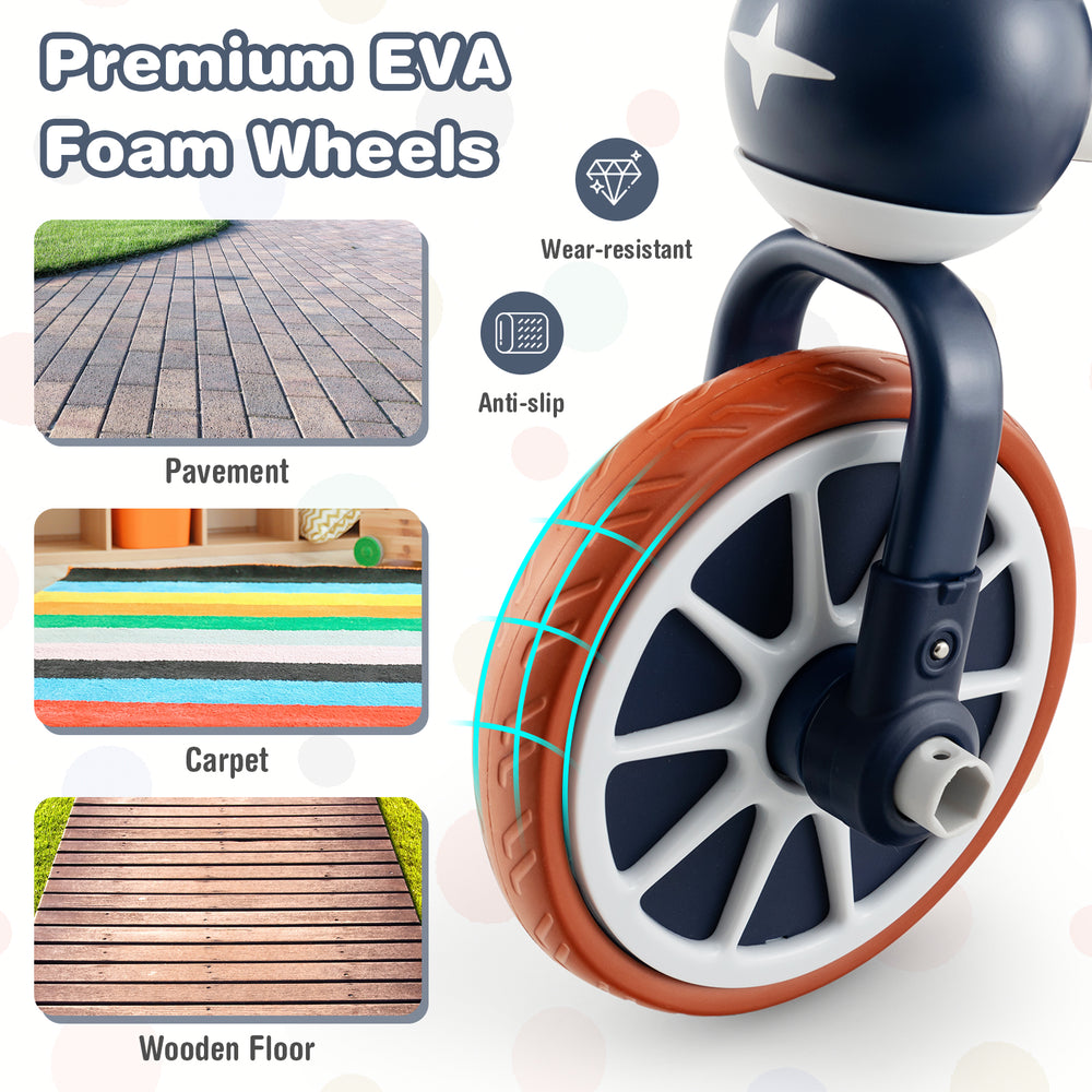 Close-up of the premium EVA foam wheel of the 4-in-1 kids trike bike, designed for various surfaces and safe use.