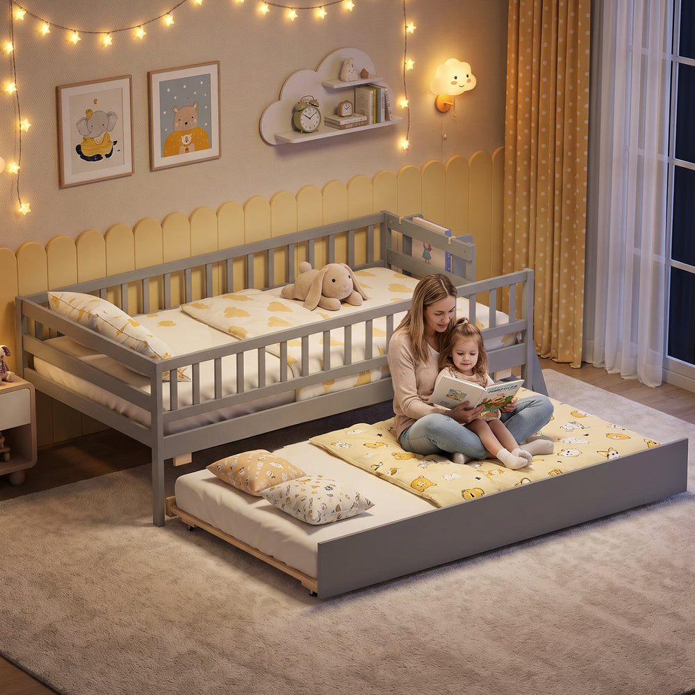 Kids twin size bed in gray with trundle, bookshelf, and 2-step ladder, perfect for children's bedrooms and sleepovers.