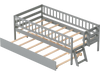 Gray kids twin size bed with trundle and 2-step ladder, featuring a sturdy pine wood frame and safety guardrails for children.