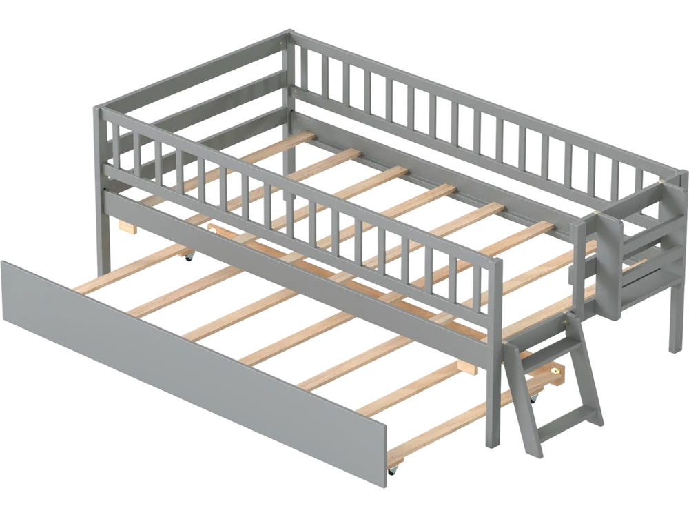 Gray kids twin size bed with trundle and 2-step ladder, featuring a sturdy pine wood frame and safety guardrails for children.