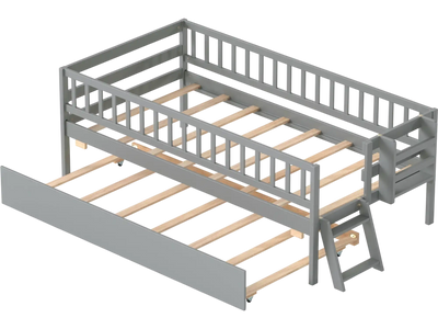 Costway Kids Twin Bed w/ Trundle Bookshelf 2-Step Ladder 39098127 New