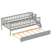Kids twin size gray bed with trundle, bookshelf, and 2-step ladder, featuring 15 plywood slats for stability and safety.