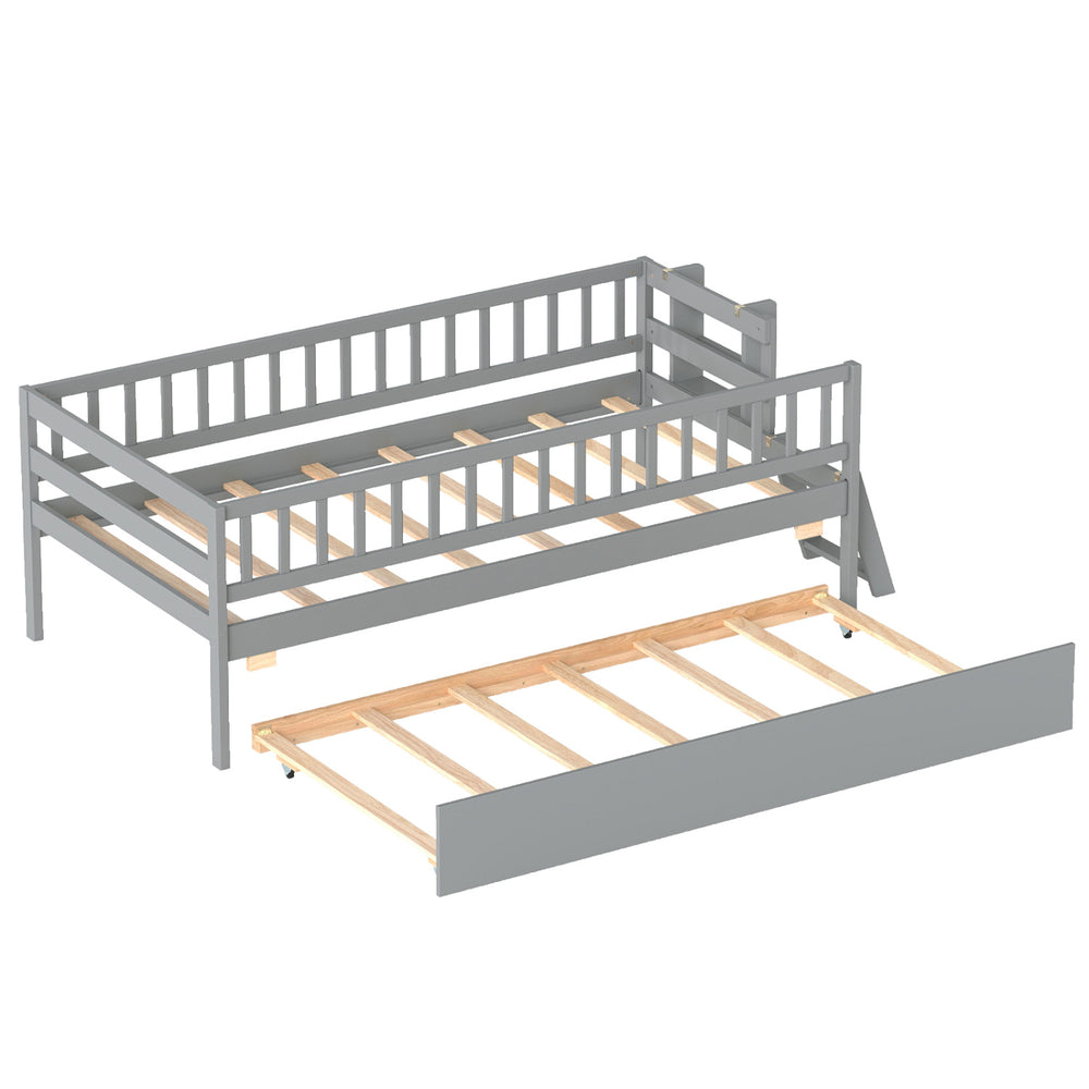 Kids twin size gray bed with trundle, bookshelf, and 2-step ladder, featuring 15 plywood slats for stability and safety.