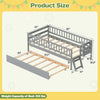 Kids twin size bed with trundle, gray pine wood frame, 15 plywood slats, and side bookshelf for added storage.