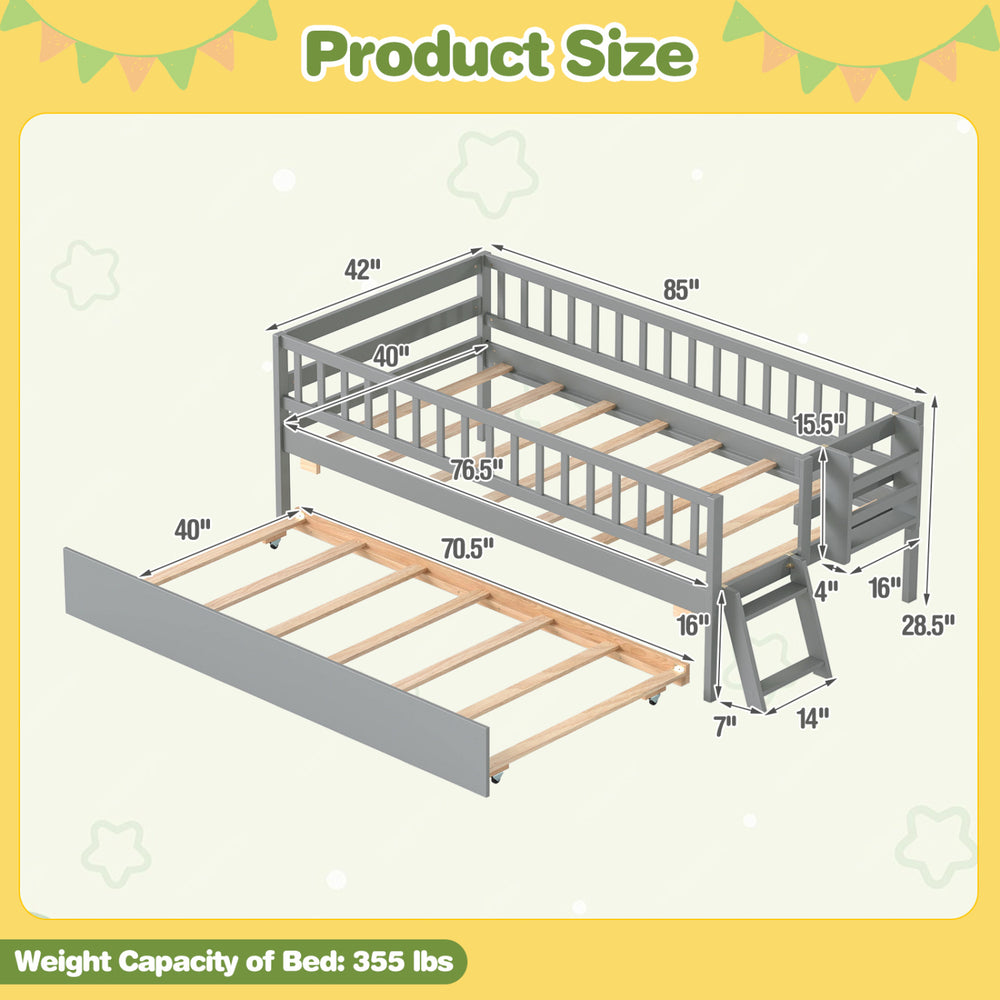Kids twin size bed with trundle, gray pine wood frame, 15 plywood slats, and side bookshelf for added storage.