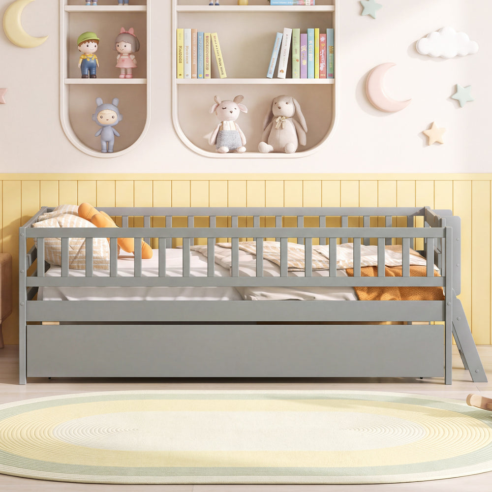 Kids twin size gray bed with trundle, bookshelf, and 2-step ladder, designed for safety and stability in children's rooms.