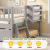 Kids twin size bed in gray with trundle, side bookshelf, and 2-step ladder for extra storage and safety.