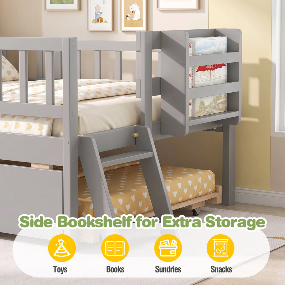 Kids twin size bed in gray with trundle, side bookshelf, and 2-step ladder for extra storage and safety.