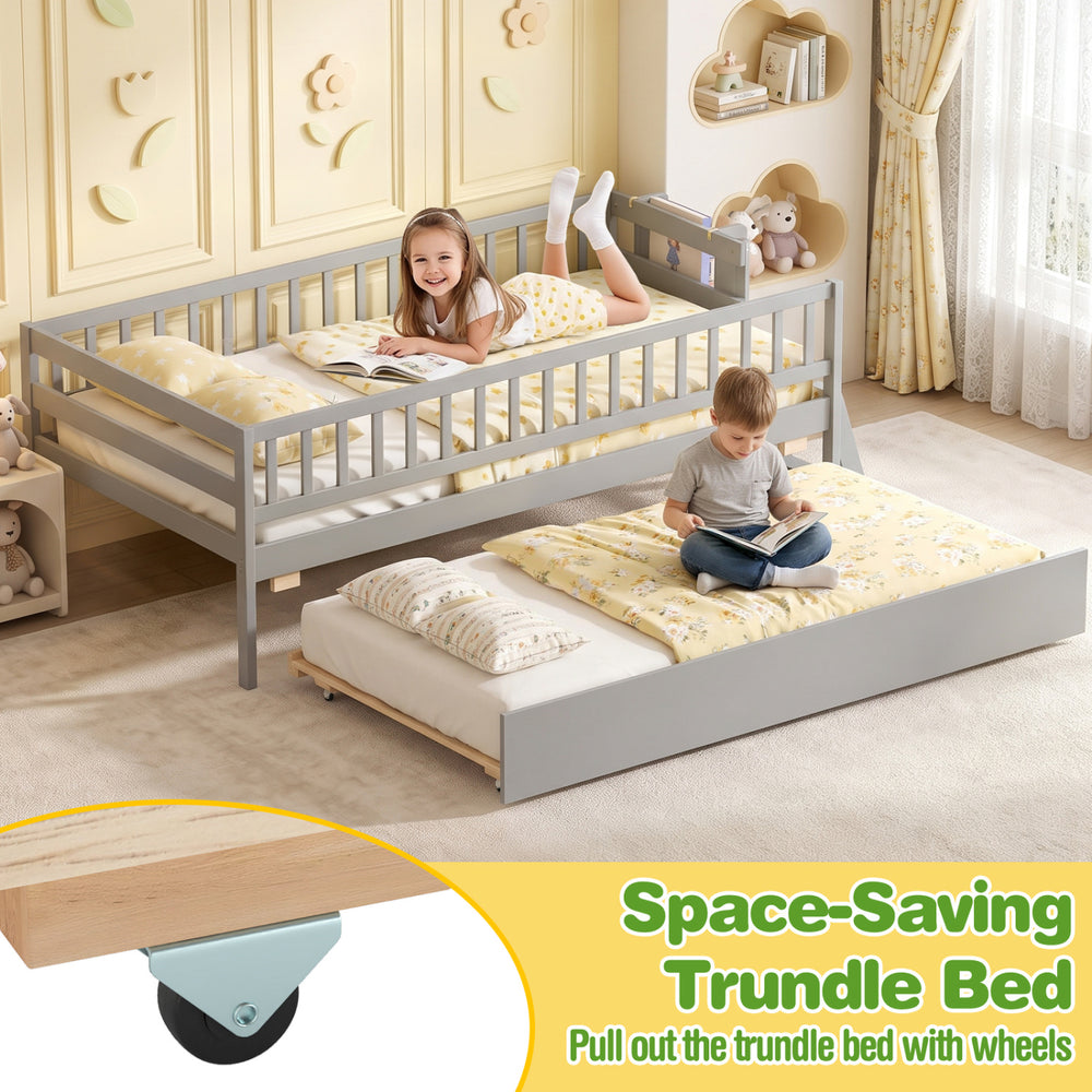 Kids twin size gray bed with pull-out trundle, bookshelf, and 2-step ladder for extra sleep space and safety.
