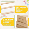 Kids twin size bed with trundle, featuring a pine wood frame, 15 plywood slats, and a side bookshelf for storage.