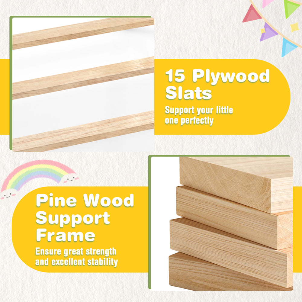 Kids twin size bed with trundle, featuring a pine wood frame, 15 plywood slats, and a side bookshelf for storage.