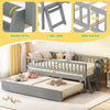 Kids twin size bed in gray with trundle, bookshelf, 2-step ladder, and safety guardrails for added security.
