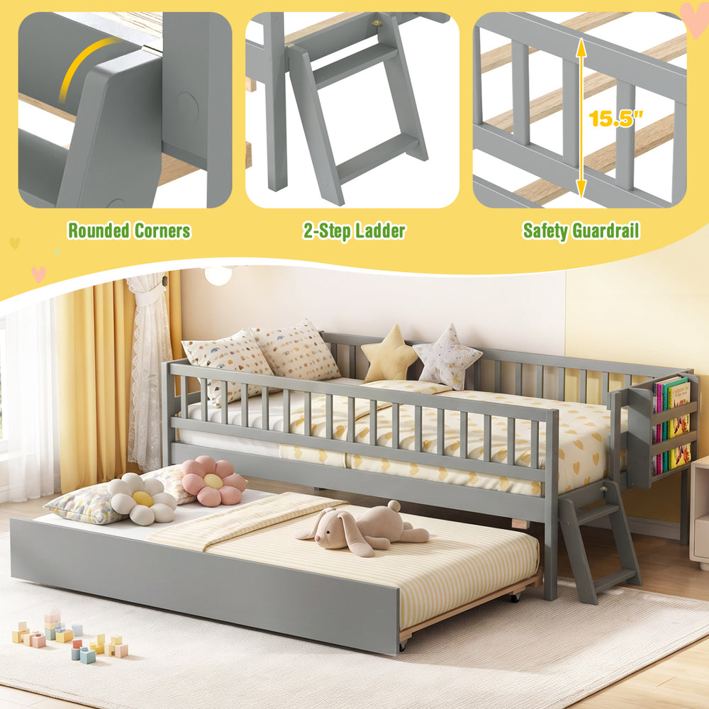 Kids twin size bed in gray with trundle, bookshelf, 2-step ladder, and safety guardrails for added security.