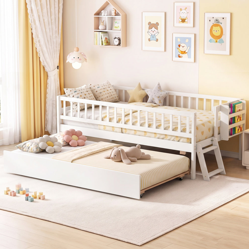 Kids Twin Size Bed with Trundle with Bookshelf and 2-Step Ladder 15 Plywood Slats for Girls and Boys-White - Gallery View 1 of 10