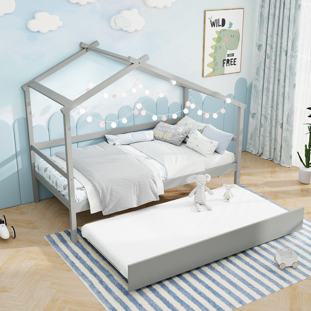 Kids Twin Size House Bed with Trundle and Roof-Gray - Gallery View 1 of 10