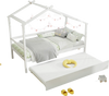 Kids twin size house bed in white with trundle, featuring a roof and decorative lights, perfect for creative bedroom.