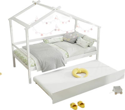Costway Kids Twin House Bed with Trundle Roof White 71528963 New