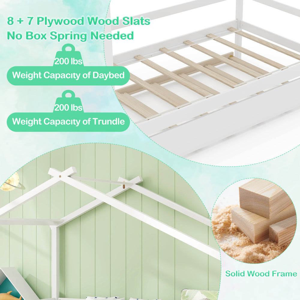House-shaped kids twin bed with trundle, solid wood frame, and plywood slats for extra sleeping space and stability.