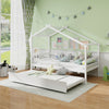 Kids twin size house bed in white with trundle, featuring a roof design for creative decoration and space-saving.