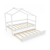 Kids twin size house bed in white with trundle, featuring a roof design and sturdy wooden frame for extra sleeping.