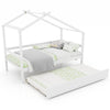 Kids twin size house bed in white with trundle, featuring a roof design and smooth wheels for easy access.