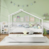 Kids twin size house bed with trundle in white, featuring a roof design and space-saving storage for extra sleeping.