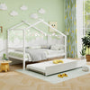 Kids twin size house bed in white with trundle, featuring a roof design and space-saving functionality for extra.