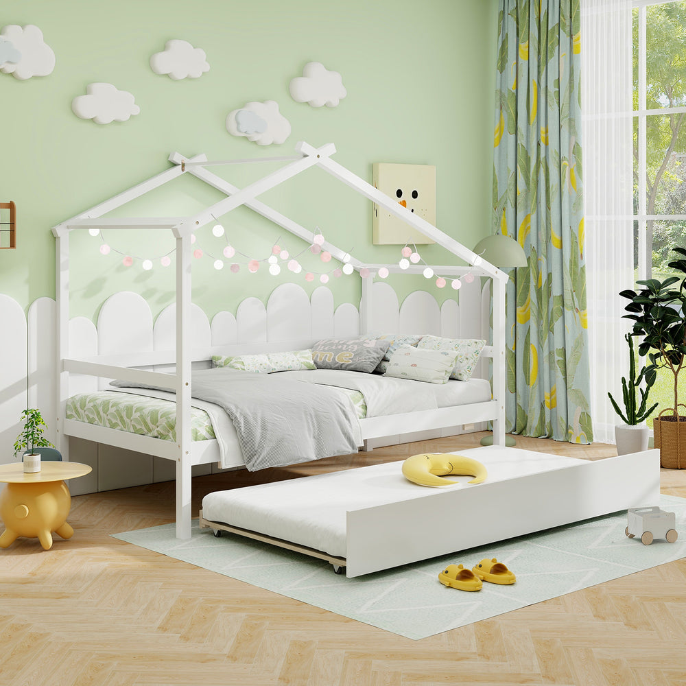 Kids twin size house bed in white with trundle, featuring a roof design and space-saving functionality for extra.