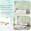 Kids twin size house bed with trundle in white, featuring smooth wheels and stoppers for easy access and stability.