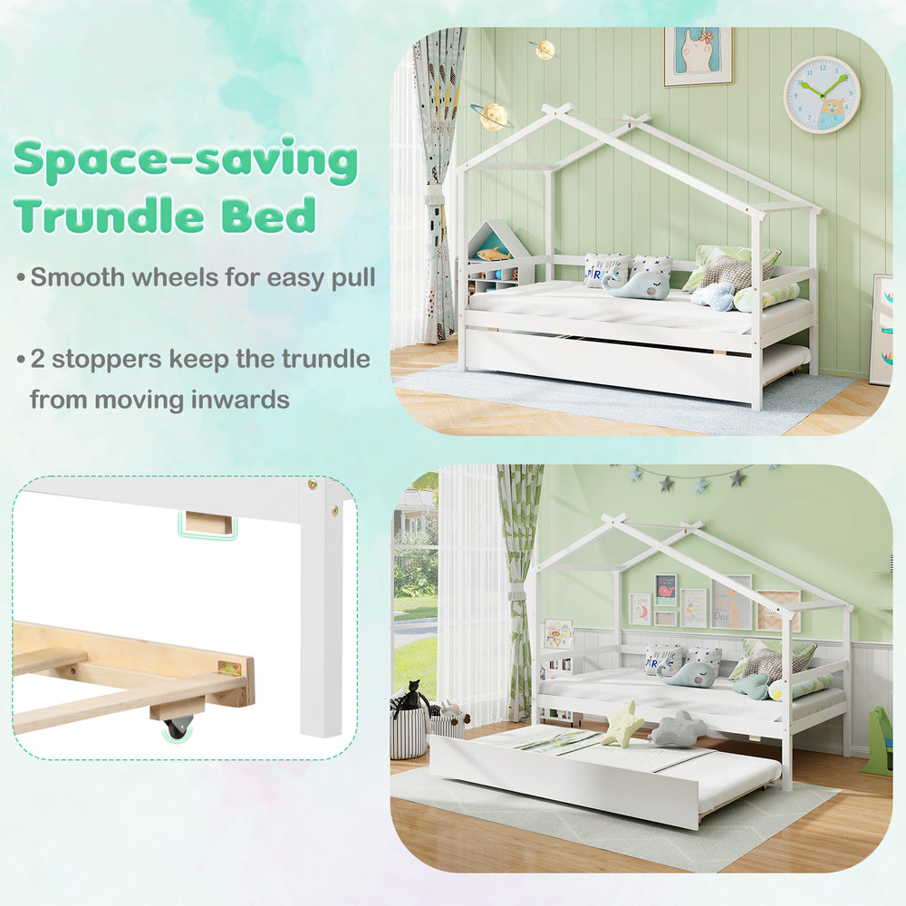 Kids twin size house bed with trundle in white, featuring smooth wheels and stoppers for easy access and stability.